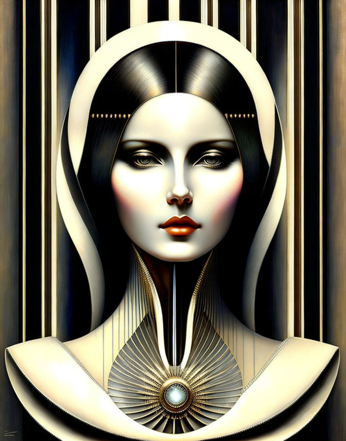 Futuristic digital art: stylized woman with metallic headdress & geometric patterns