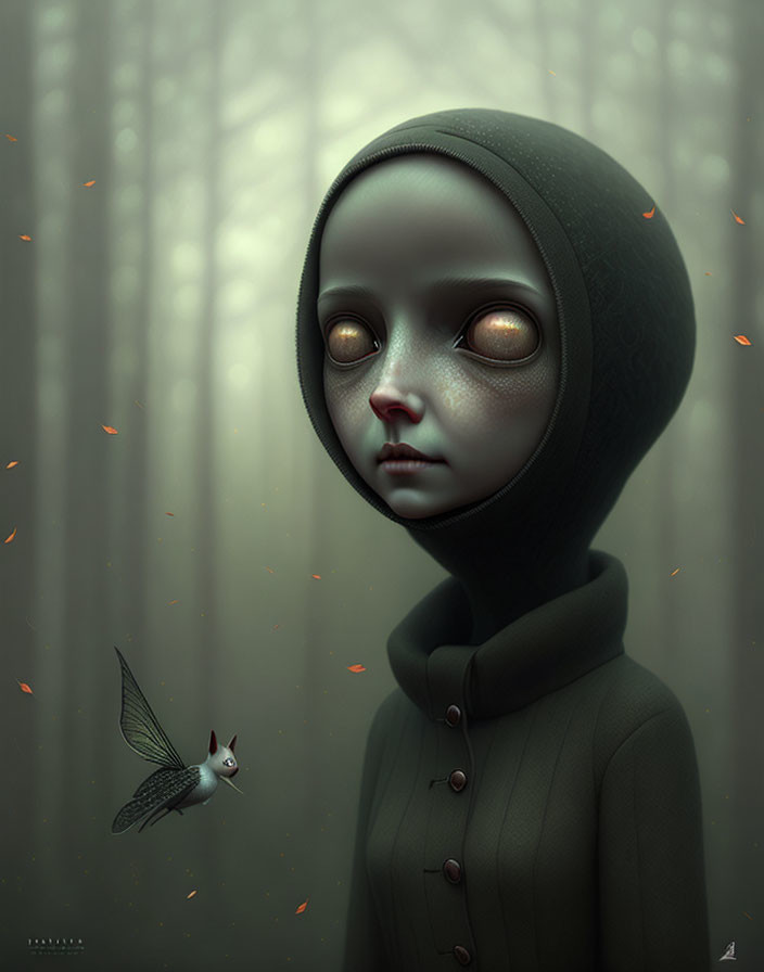 Digital artwork: Humanoid figure with captivating eyes in green hood, observing bird with butterfly wings in mist