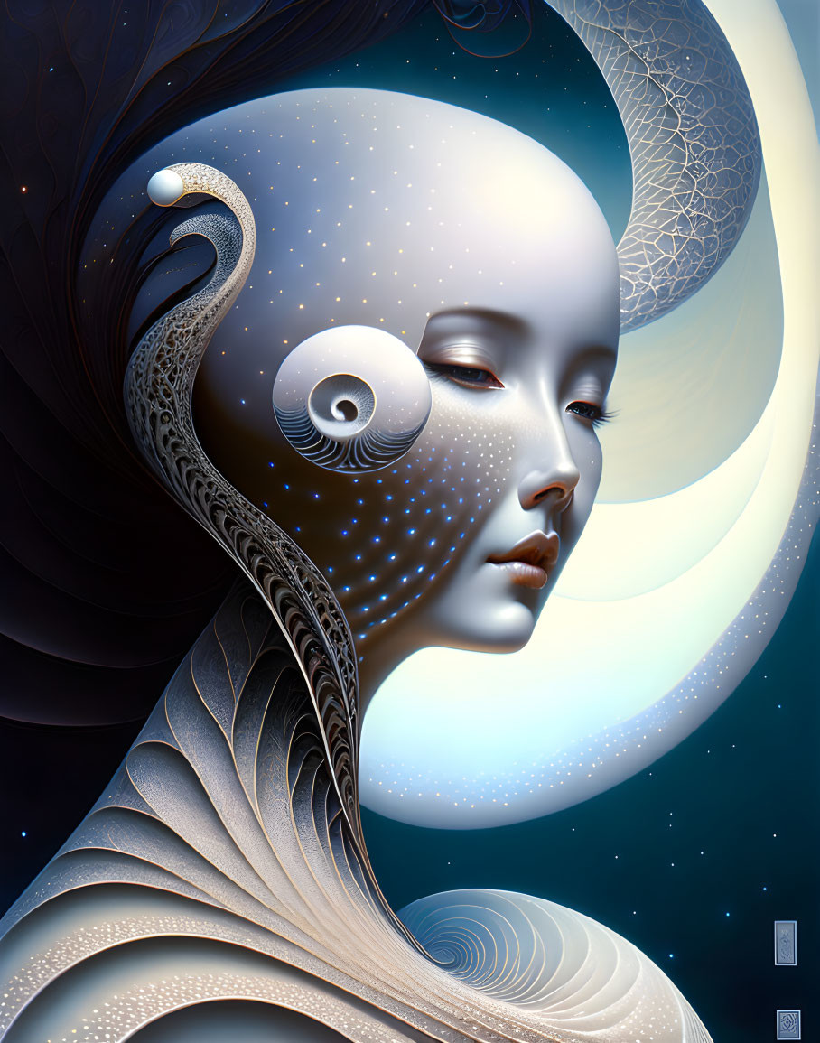 Cosmic-themed surreal portrait of a woman with celestial bodies and swirl patterns