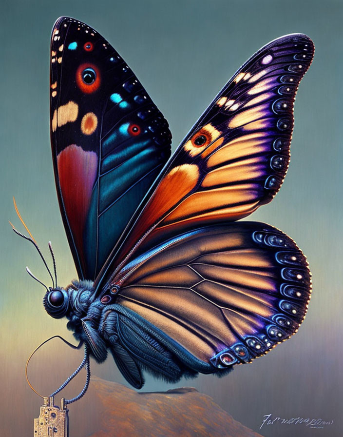 Colorful Butterfly with Outspread Wings on Metal Object