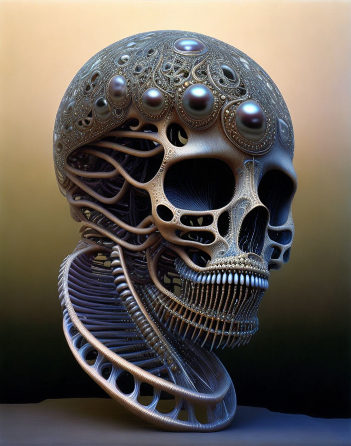 Detailed Carved Skull Sculpture with Mechanical and Biological Elements