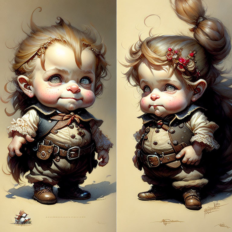 Stylized fantasy illustration of cherubic characters in leather outfits