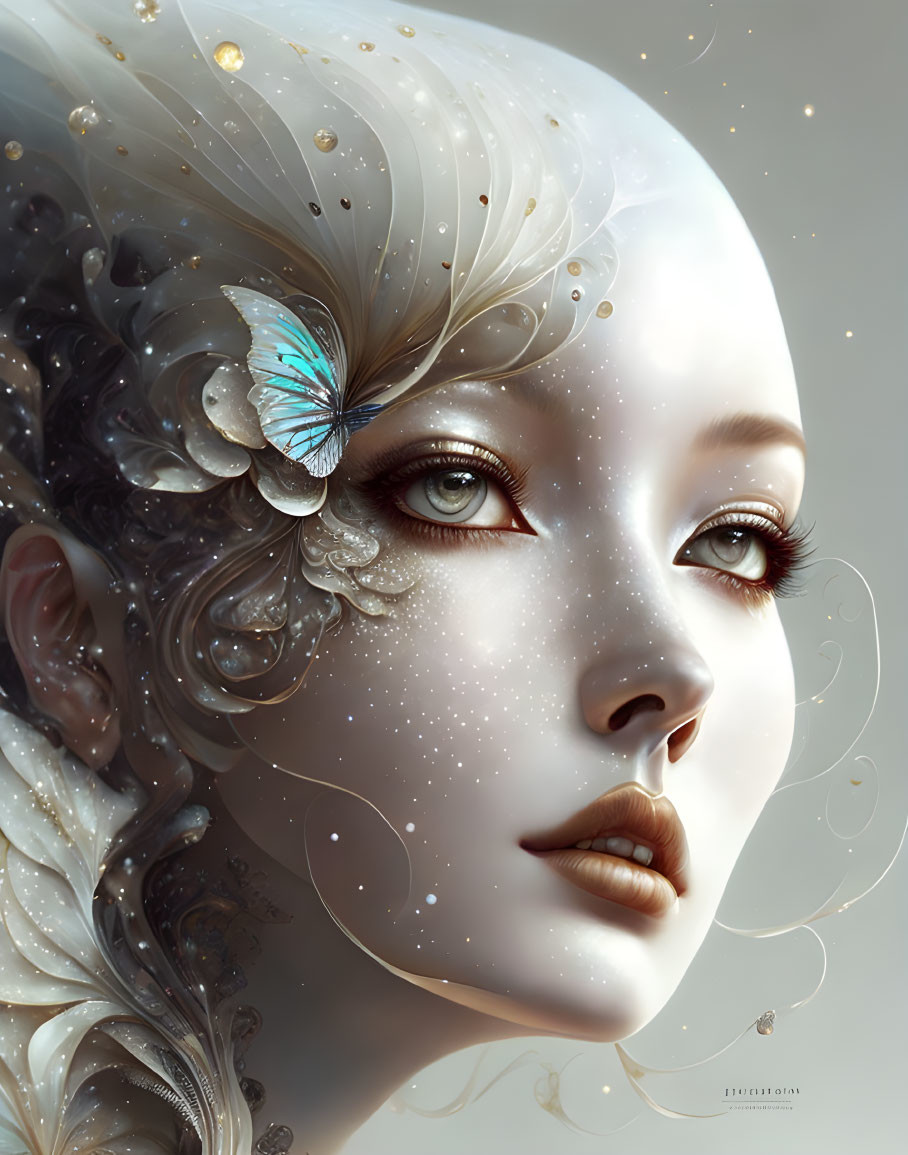 Fantasy-themed digital artwork of a pale-skinned woman with butterfly ornament.