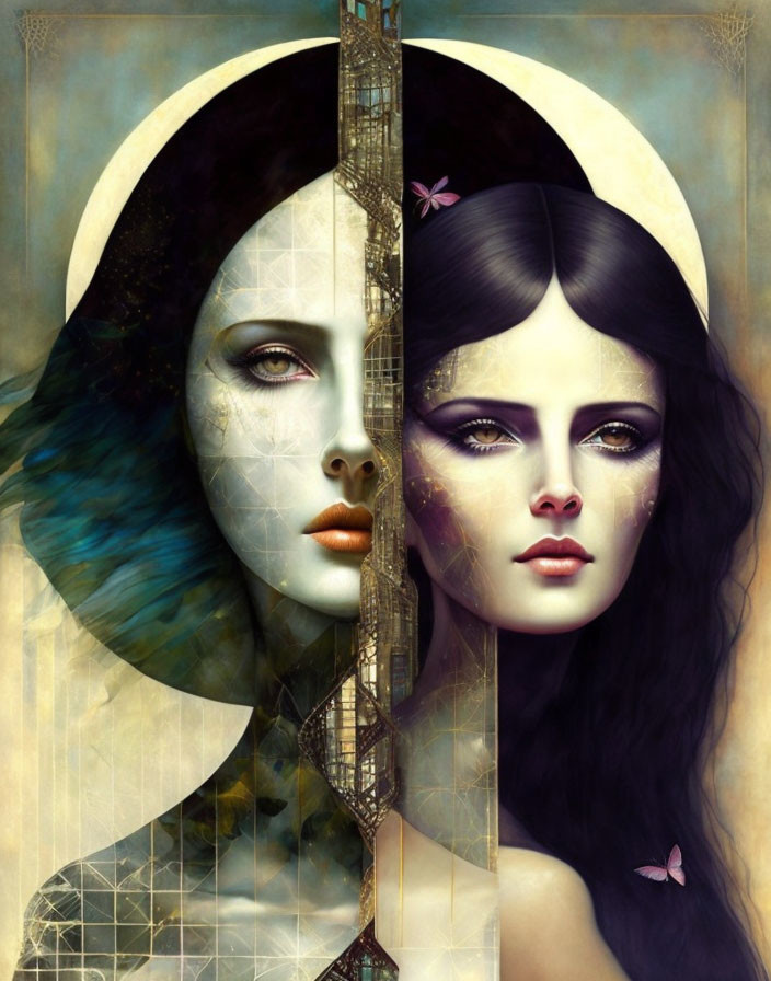 Dual-themed portrait of two women with celestial and earthly elements and butterflies.