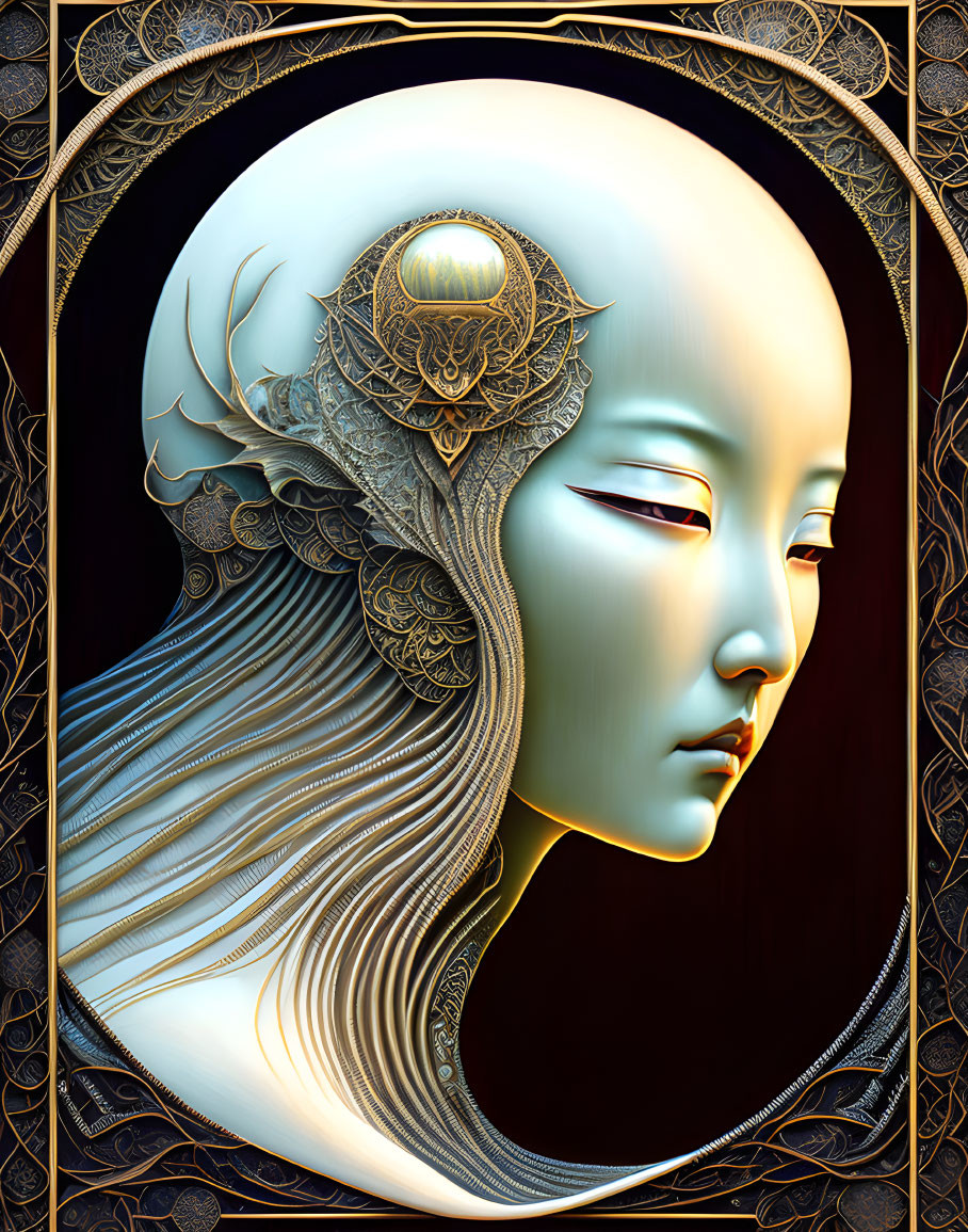 Serene Pale Face with Closed Eyes and Ornate Golden Patterns