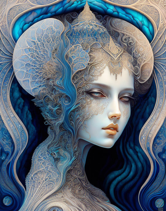 Detailed portrait of female figure with pale skin, blue and gold headpiece, and intricate swirling patterns.