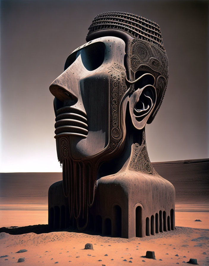 Intricate tribal-patterned human head sculpture in desert setting