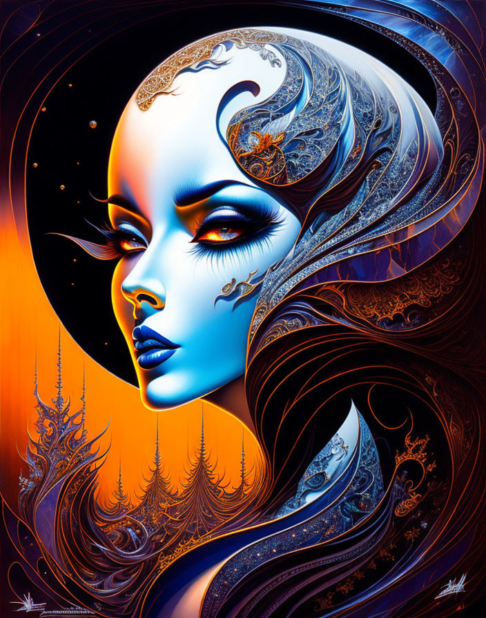 Stylized female figure with blue and gold headdress on dark background