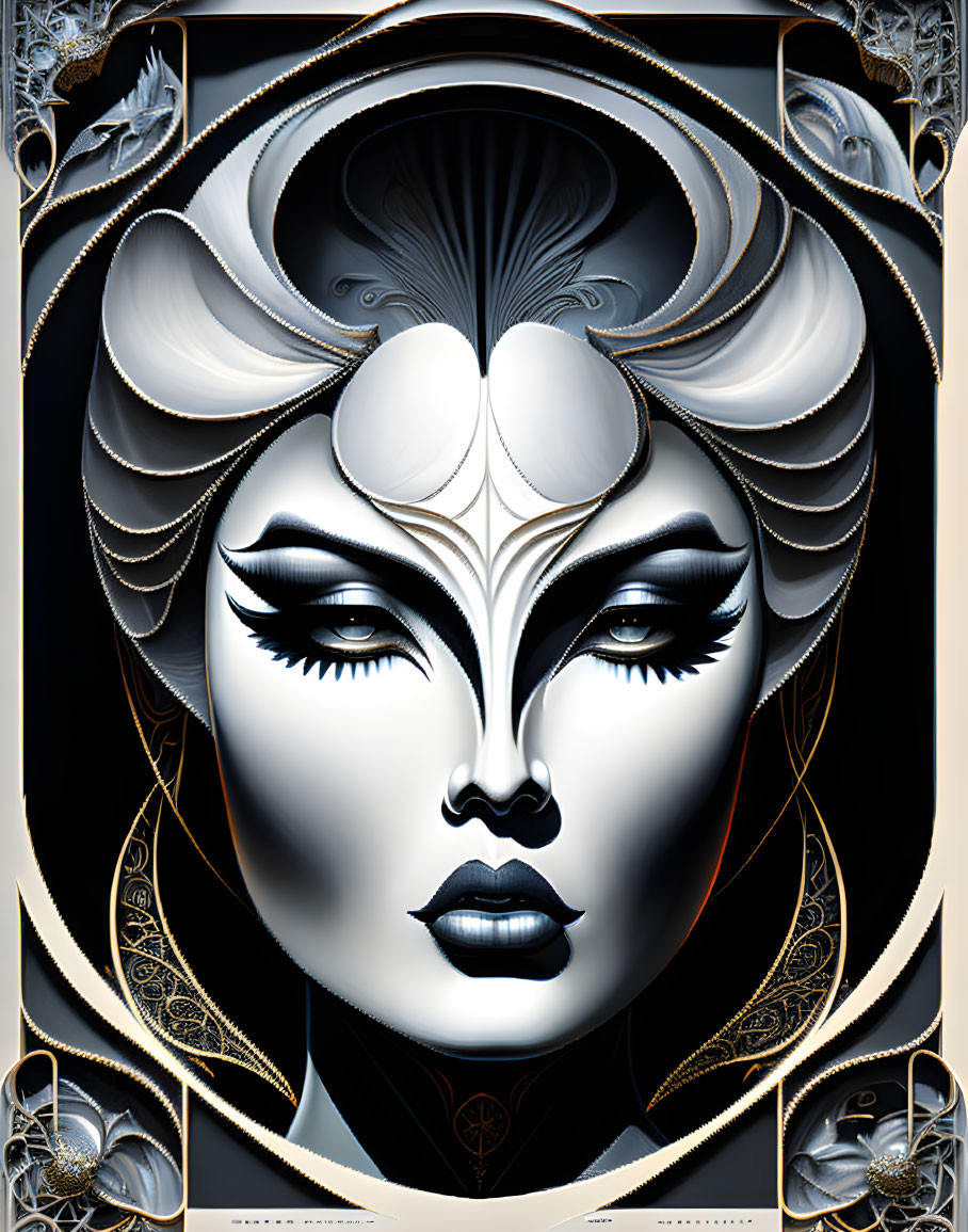 Symmetrical female face with gold and blue accents on dark background