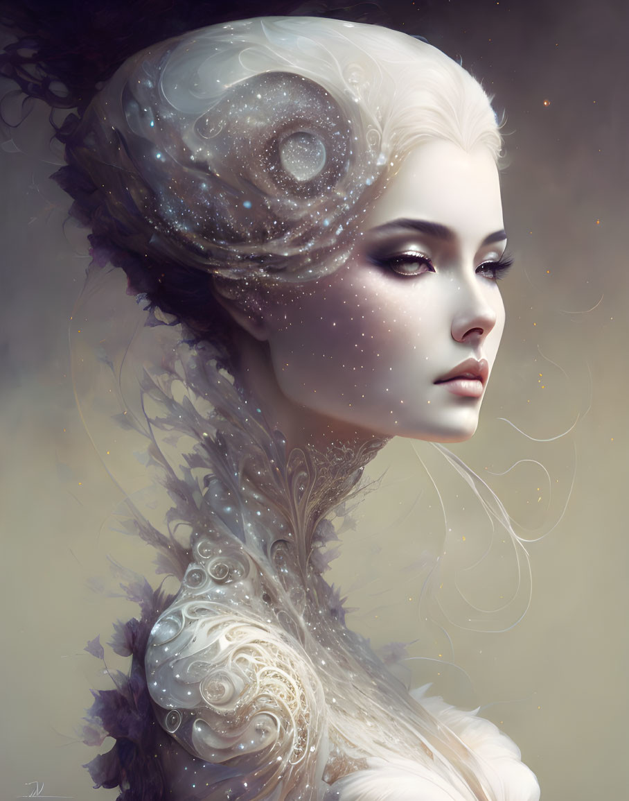 Pale-skinned woman with dark lips in cosmic headdress and lace details.