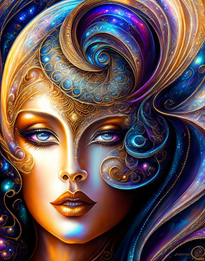 Colorful digital artwork of mystical woman with gold and blue headpiece and intense blue eyes