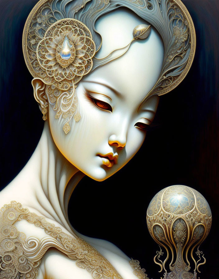 Pale-skinned woman with gold patterns holding jellyfish sphere