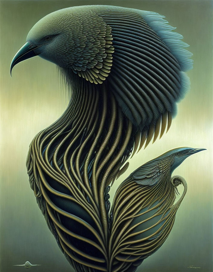 Stylized birds with intricate feather patterns in earthy tones on muted green background