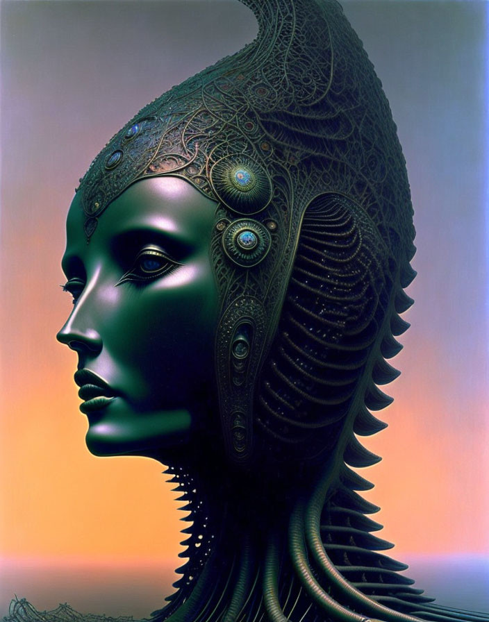 Surreal humanoid face with ornate headdress and mechanical elements.