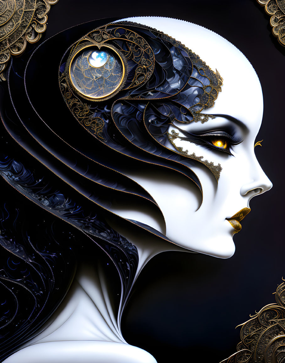 Stylized digital artwork of female figure with ornate headdress & glowing eyes