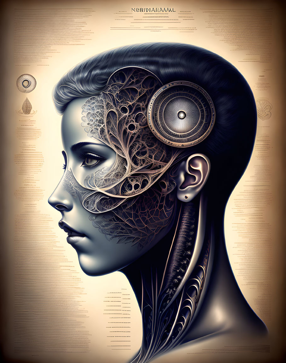 Woman with mechanical parts and filigree in steampunk style illustration.