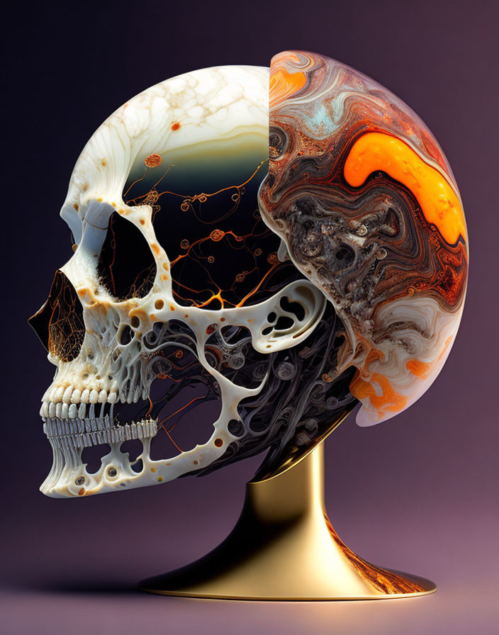 Skull digital artwork with marbling patterns in orange, black, and white