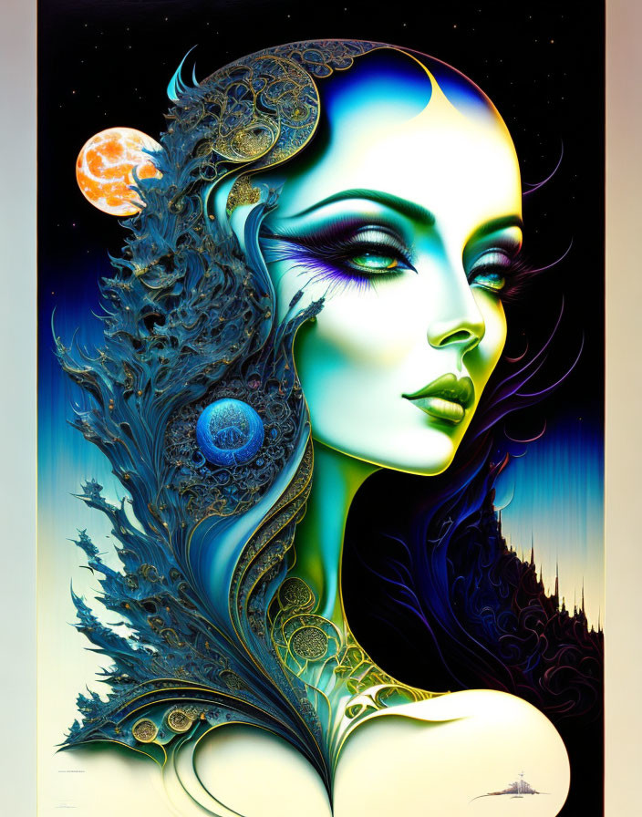 Vibrant green-skinned female figure with celestial theme and intricate gold details