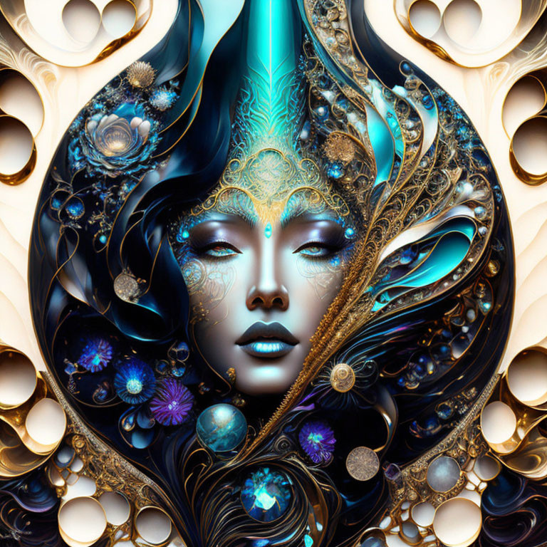 Stylized digital artwork of female figure with ornamental headgear in blues, golds, and