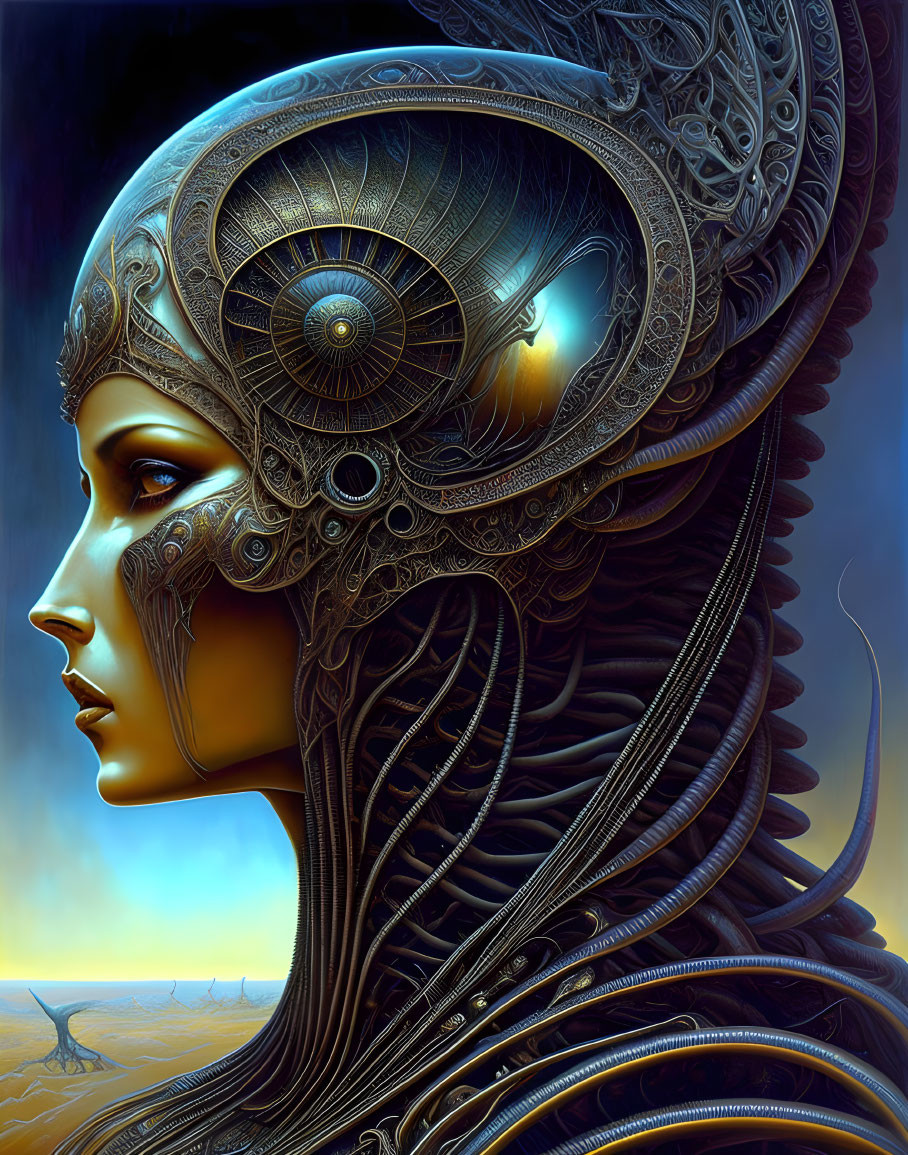 Intricate metallic headgear on woman in digital artwork