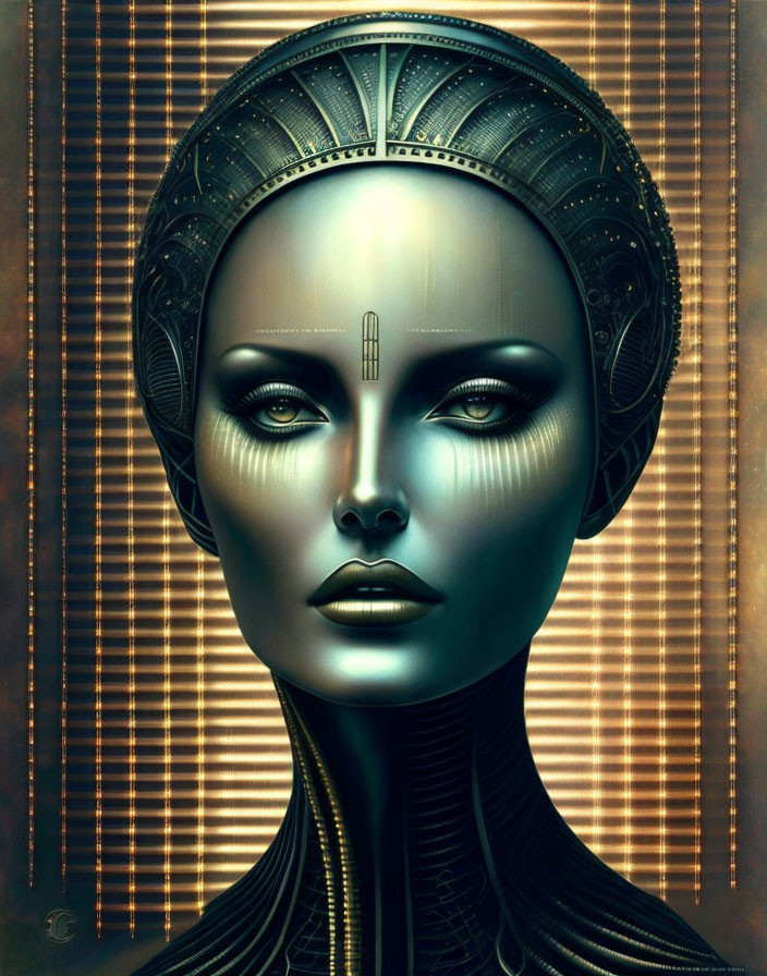 Female android with intricate head patterns and blue eyes on golden backdrop