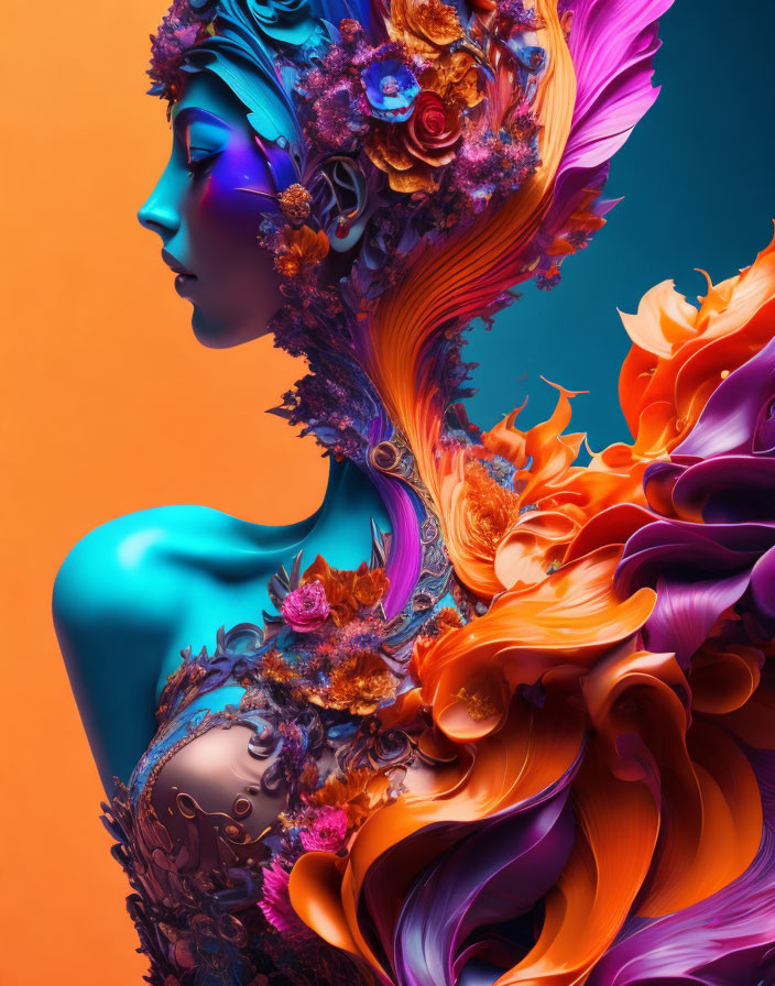 Stylized woman with blue skin and floral orange hair on dual-toned background