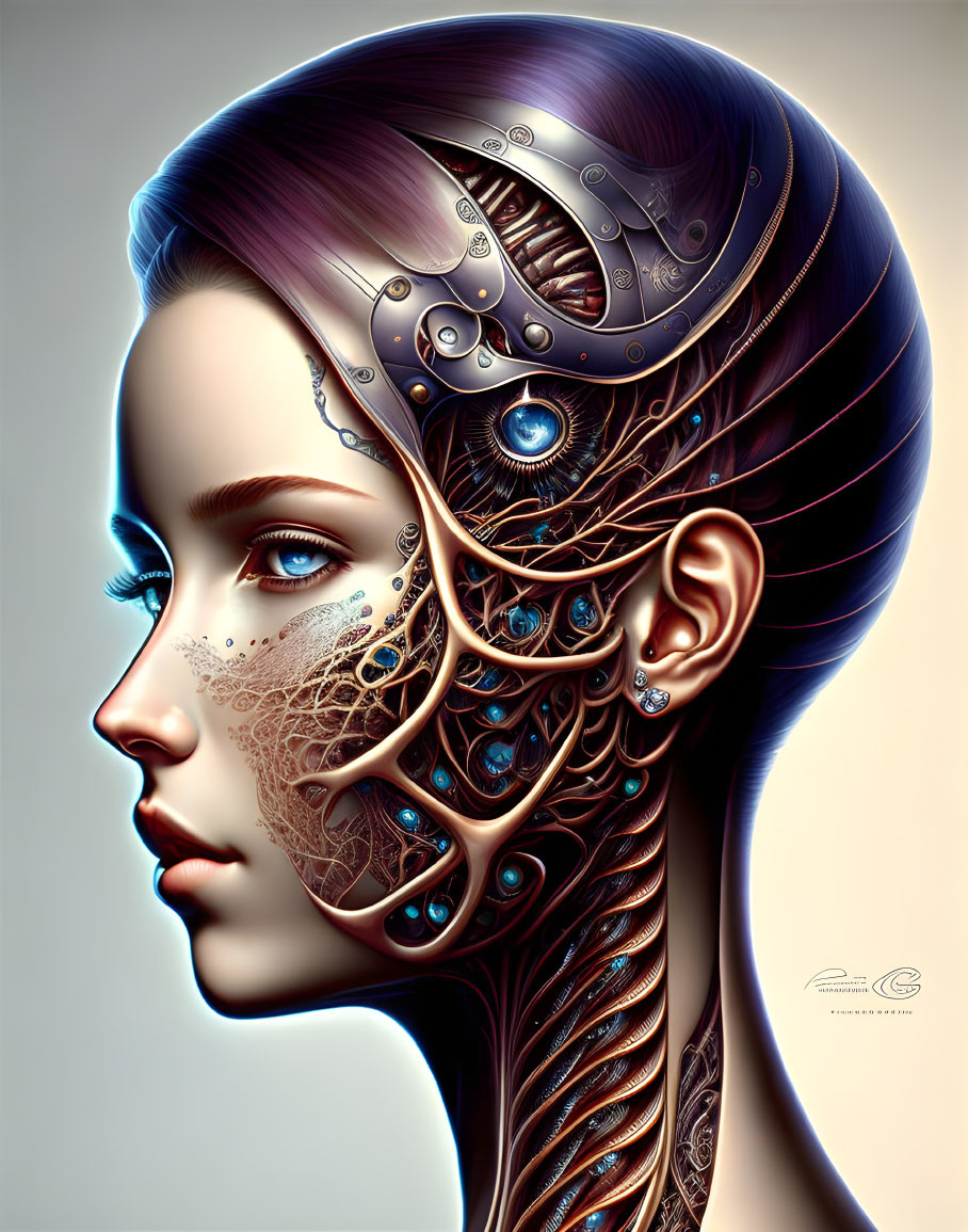 Female figure with mechanical head blending organic and steampunk aesthetics