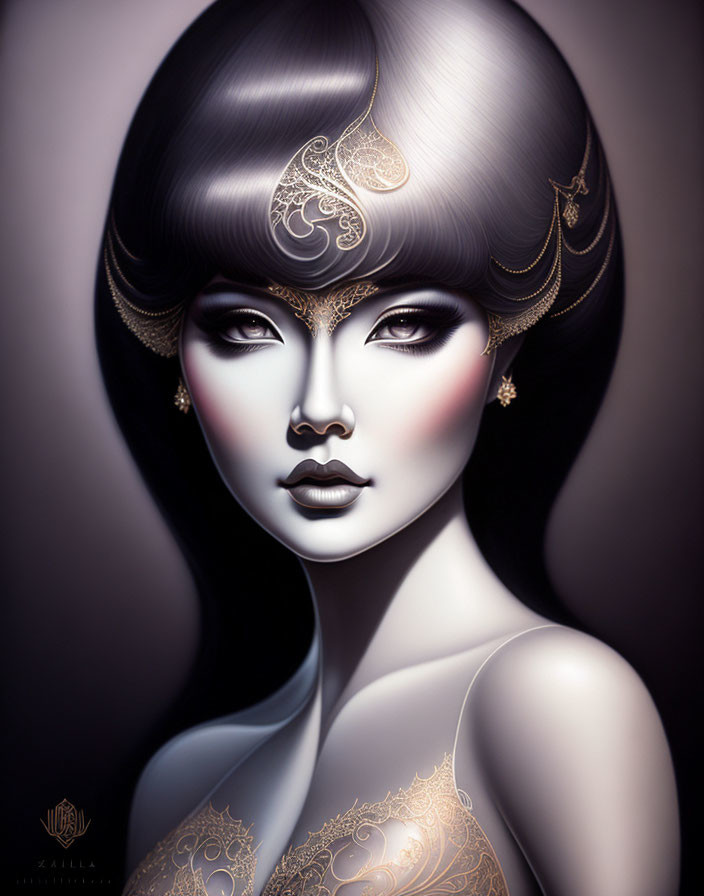 Elaborate golden head jewelry on woman in digital portrait