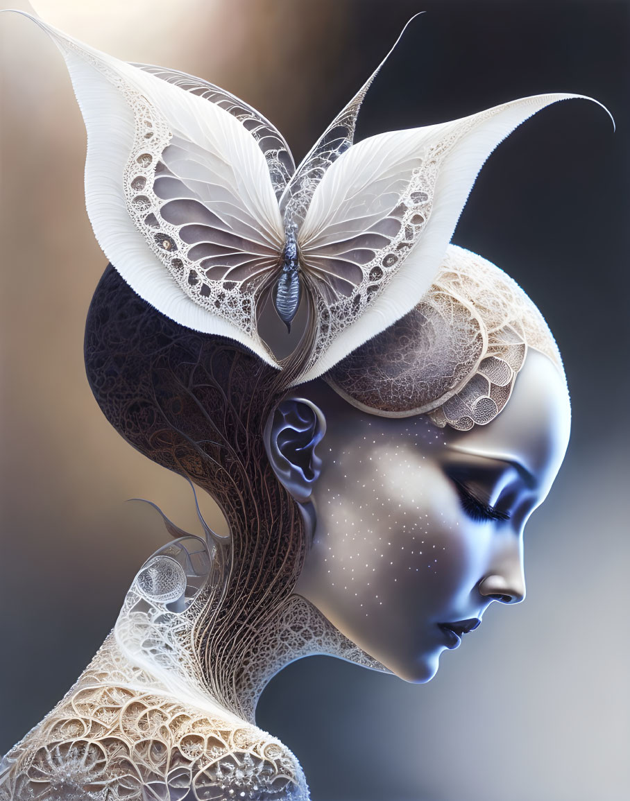 Surreal artwork featuring woman with butterfly headdress & intricate lace details