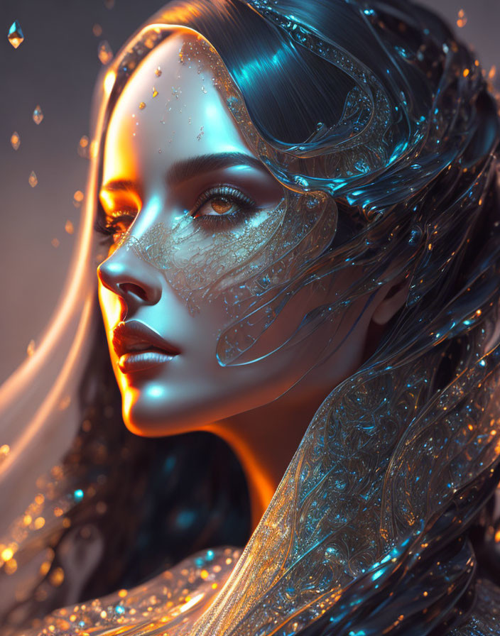 Digital artwork featuring female figure with metallic patterns, glowing in blue and orange hues.