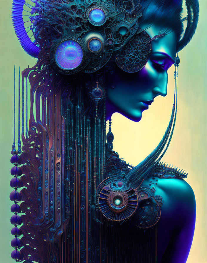 Digital artwork: Female figure with intricate mechanical details in vibrant blue and purple hues