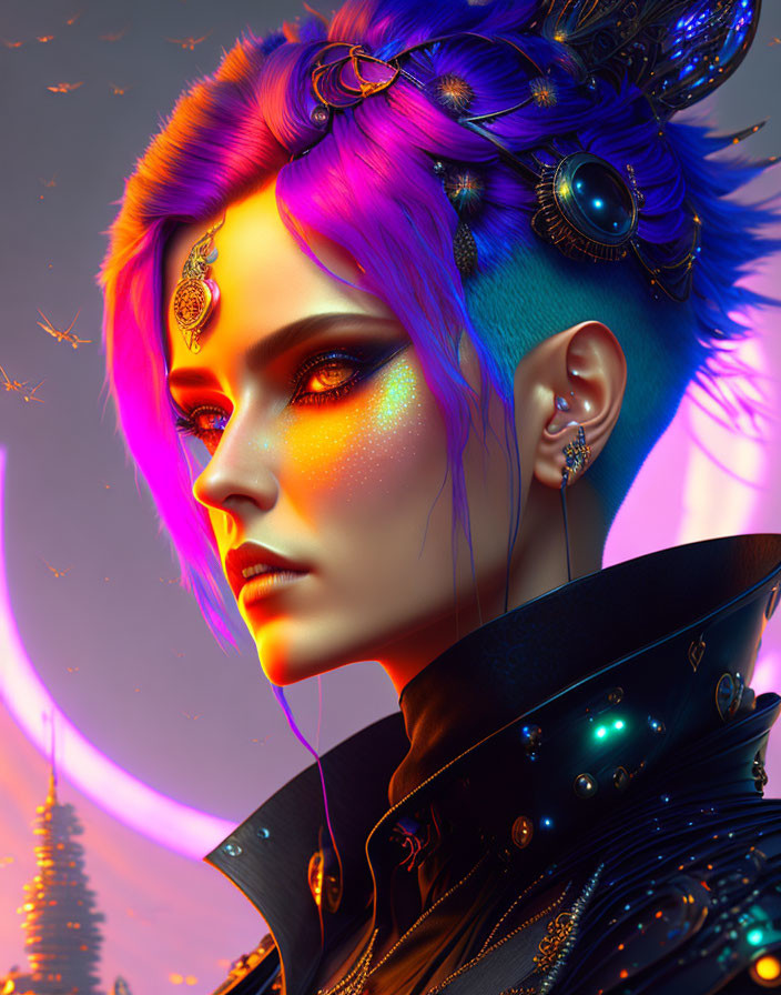 Futuristic female with purple hair and cybernetic ornaments in neon-lit cityscape