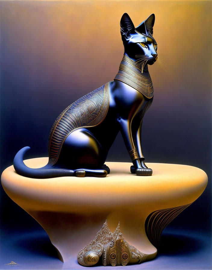 Stylized black cat with Egyptian-inspired jewelry on cream platform