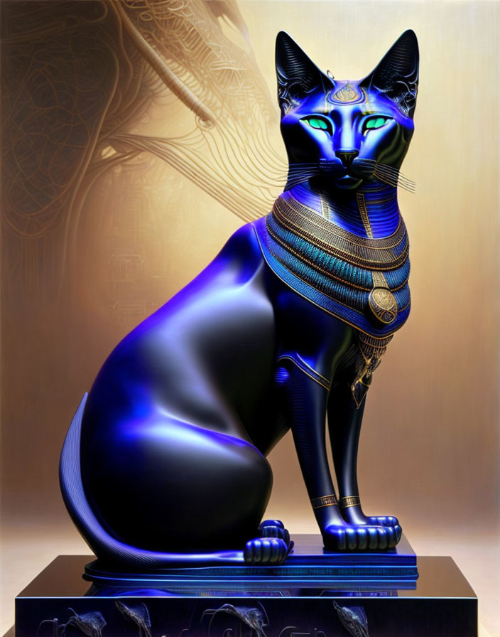 Egyptian Cat Statue: Intricate Gold Details & Vibrant Blue Coloring