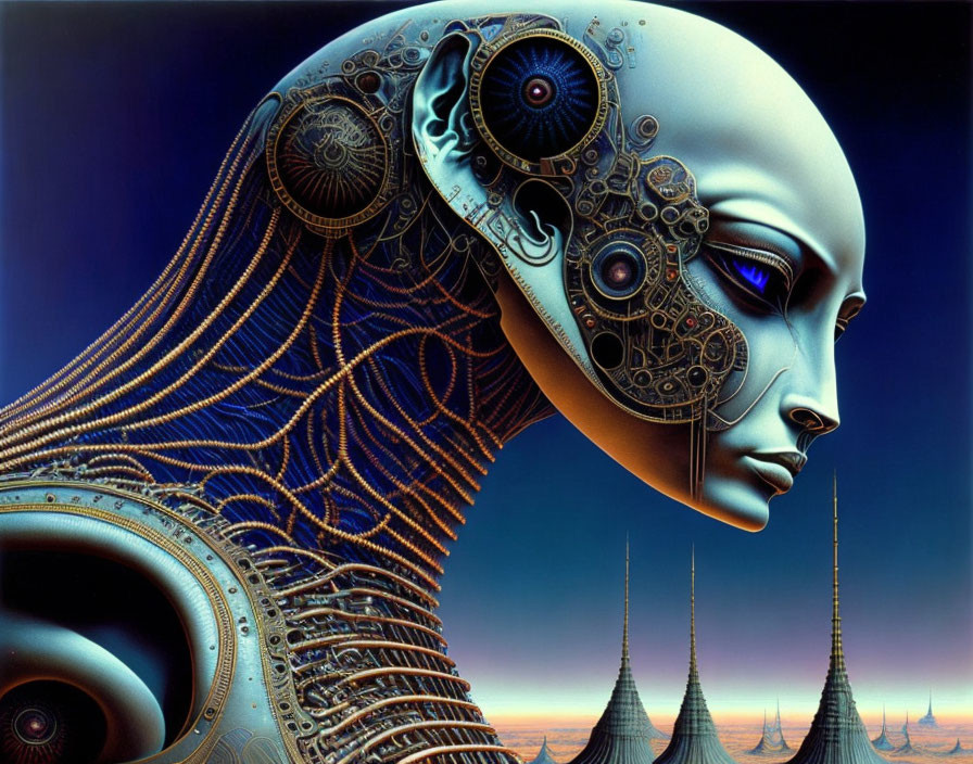 Detailed humanoid robot digital art in futuristic setting