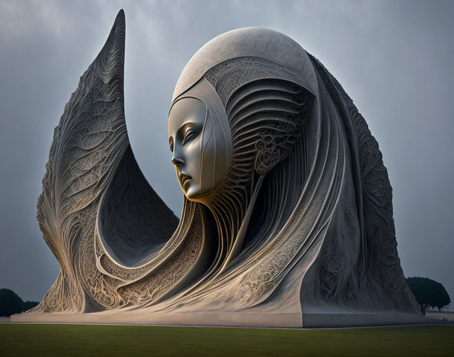 Intricate surreal sculpture with wing-like structures and serene expression