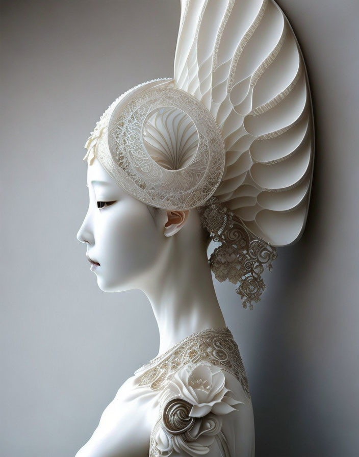 Pale statue with intricate headpiece & floral lace shoulder details