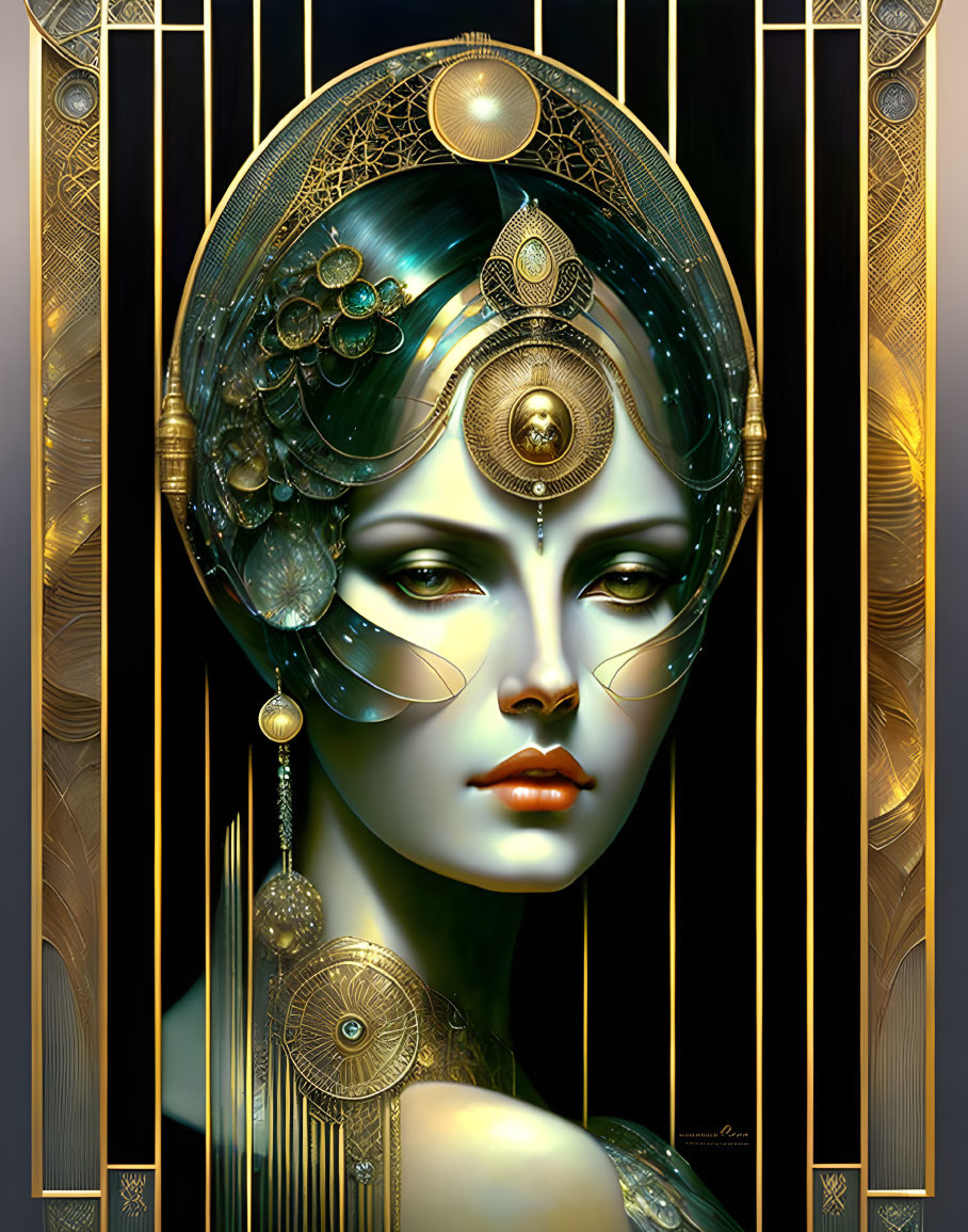 Woman adorned with intricate gold headpieces on black background with art deco elements