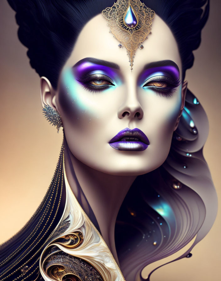 Digital artwork: Woman with purple makeup, jewel, ornate earrings, swirling dark hair.