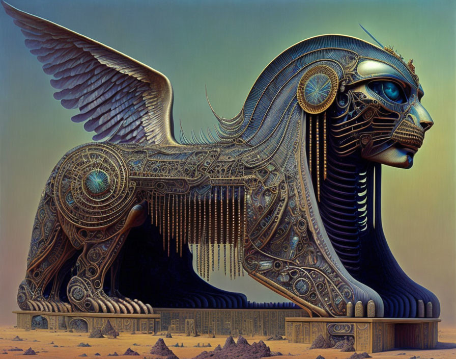 Egyptian Sphinx with Mechanical Gears and Circuitry in Desert Setting