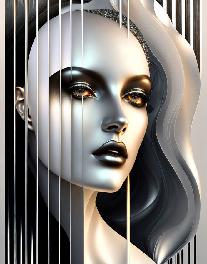 Stylized female face with bold makeup and segmented lines