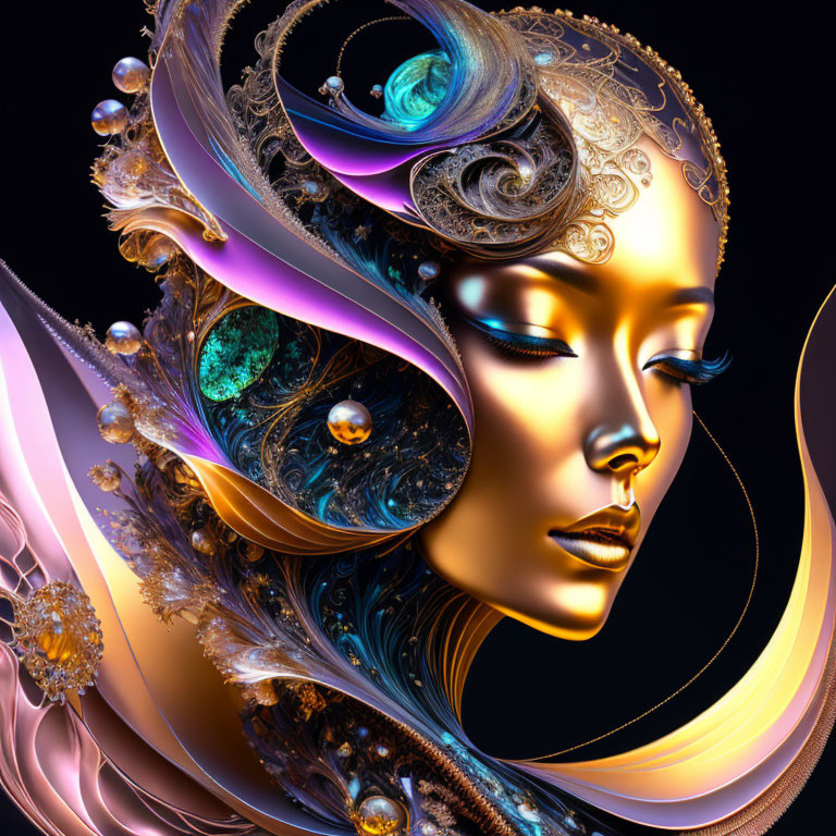 Digital artwork featuring ornate woman's profile with jewels, fractal designs, and metallic tones