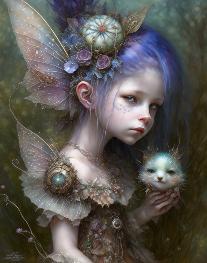 Fantasy artwork of a fairy with blue hair, ornate wings, floral crown, and small creature