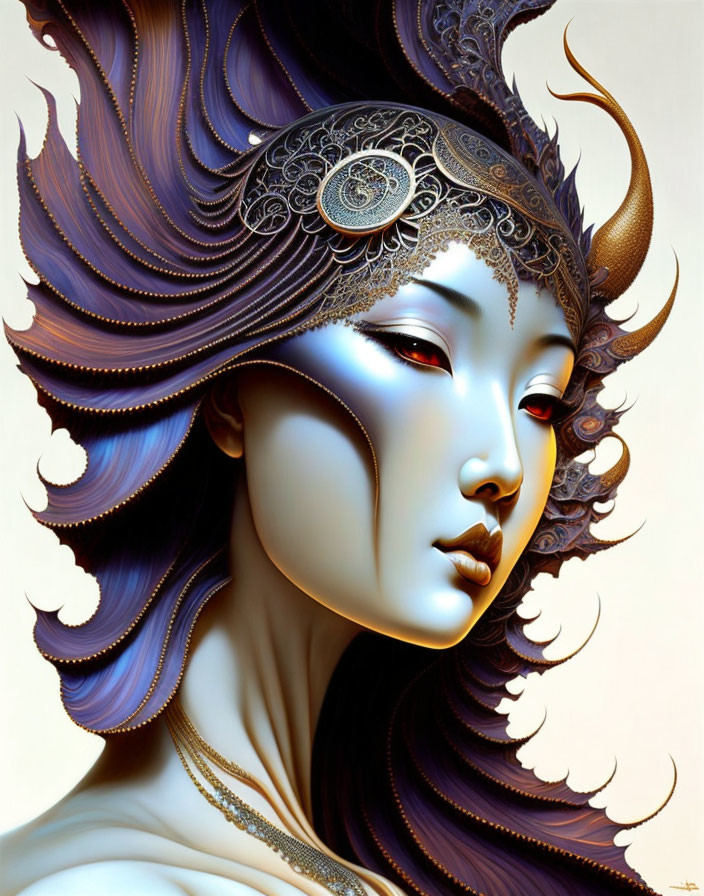 Digital artwork of a woman with flowing purple hair and ornate headdress