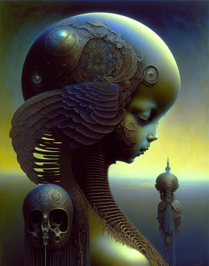 Surreal humanoid artwork with ornate head and mechanical details