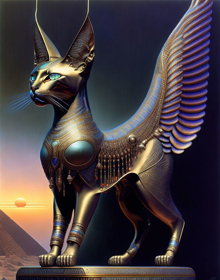 Egyptian-style Winged Metallic Cat in Desert Sunset