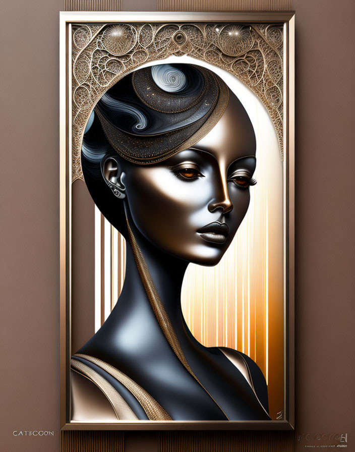 Stylized female figure with swirling hair on golden backdrop