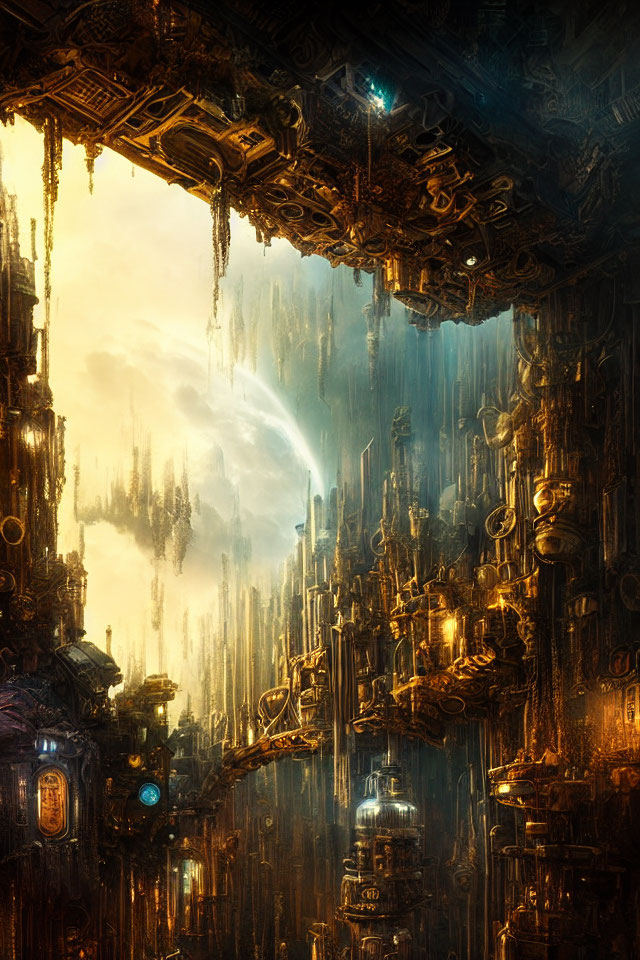 Detailed futuristic cityscape with layered architecture and glowing lights in golden haze