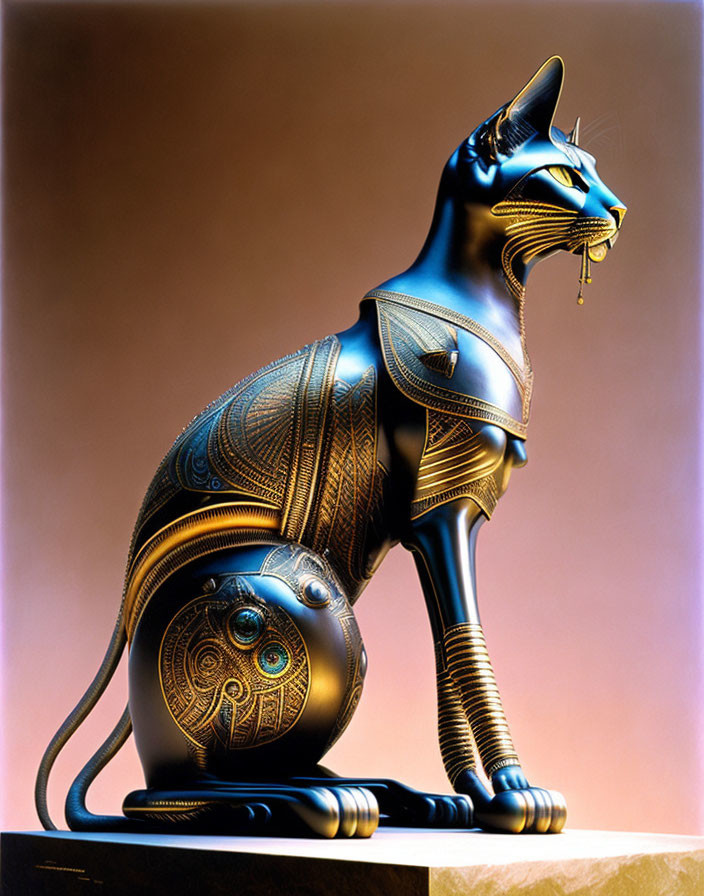 Intricate Egyptian-style cat sculpture with metallic design