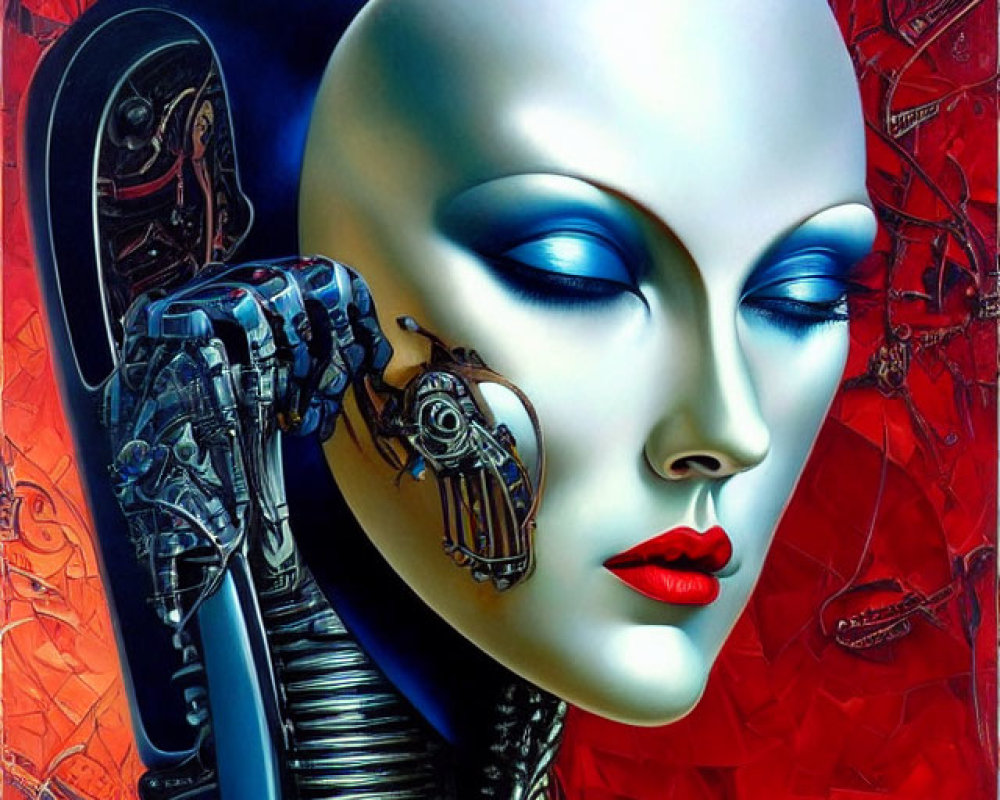 Blue-skinned female cyborg with red lips against red backdrop.